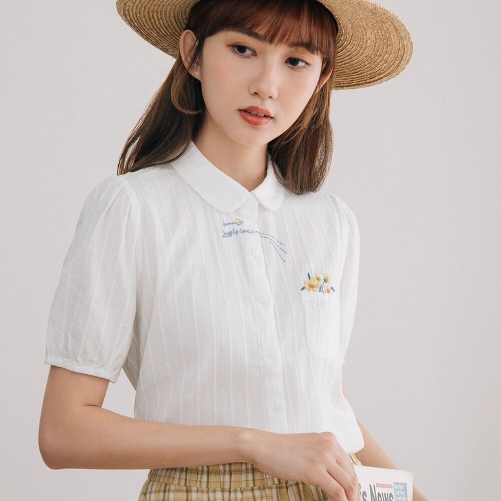 INMAN Floral Puff-Sleeve Cutton Blouse with Ruffled Collar